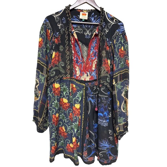 Farm Rio Arabesque Scarves Women's Mini Dress Long Sleeve Viscose Small Boho - Picture 2 of 13